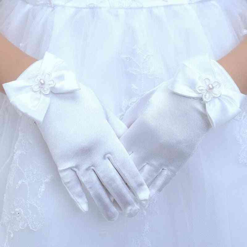 Lovely Elastic Girl Etiquette Performance Gloves, Pearl Flower Lace Bow Short Glove