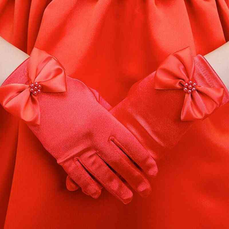 прекрасни еластични момичешки етикет ръкавици за изпълнение, перлено цвете дантела лък къса ръкавица