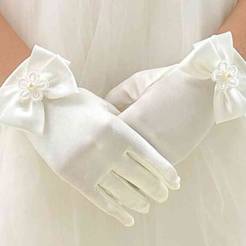 прекрасни еластични момичешки етикет ръкавици за изпълнение, перлено цвете дантела лък къса ръкавица