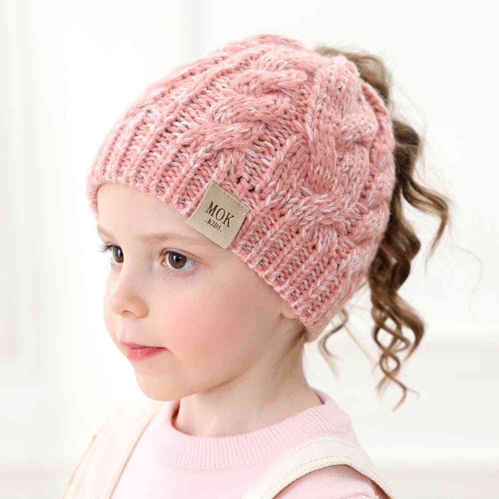 Girls Letter Knit Autumn Winter Warm Cute Ponytail Beanies Hat