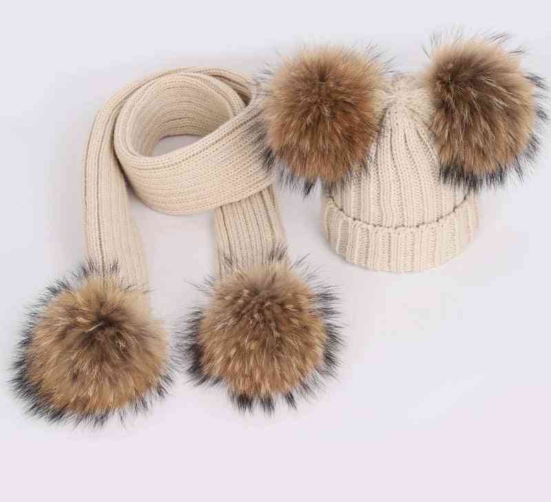 Cute's Raccoon Fur Pom Poms Knit Beanie Hat & Scarf