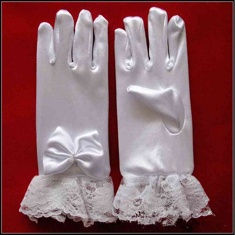 1 paio di guanti corti con dita lunghe in raso di pizzo bianco per