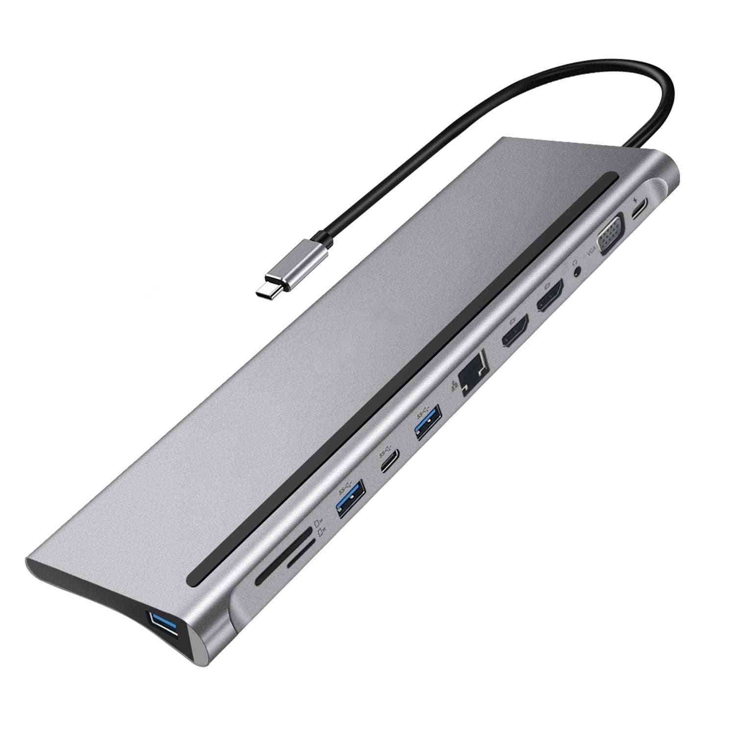 Usb C Hub 12-in-1 Type-c Dongle Adapter /station With Sd/tf Cards Reader For Windows & Macbook