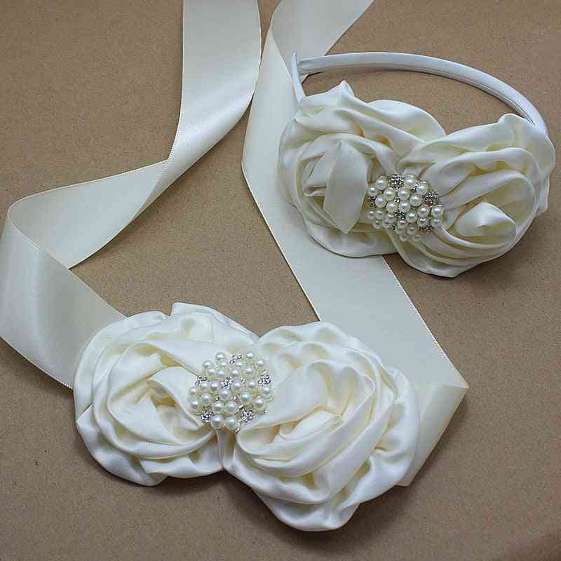 Ivory Satin Rose Flower Sash Headband With Pearl Wedding Bridal Rosette Belt