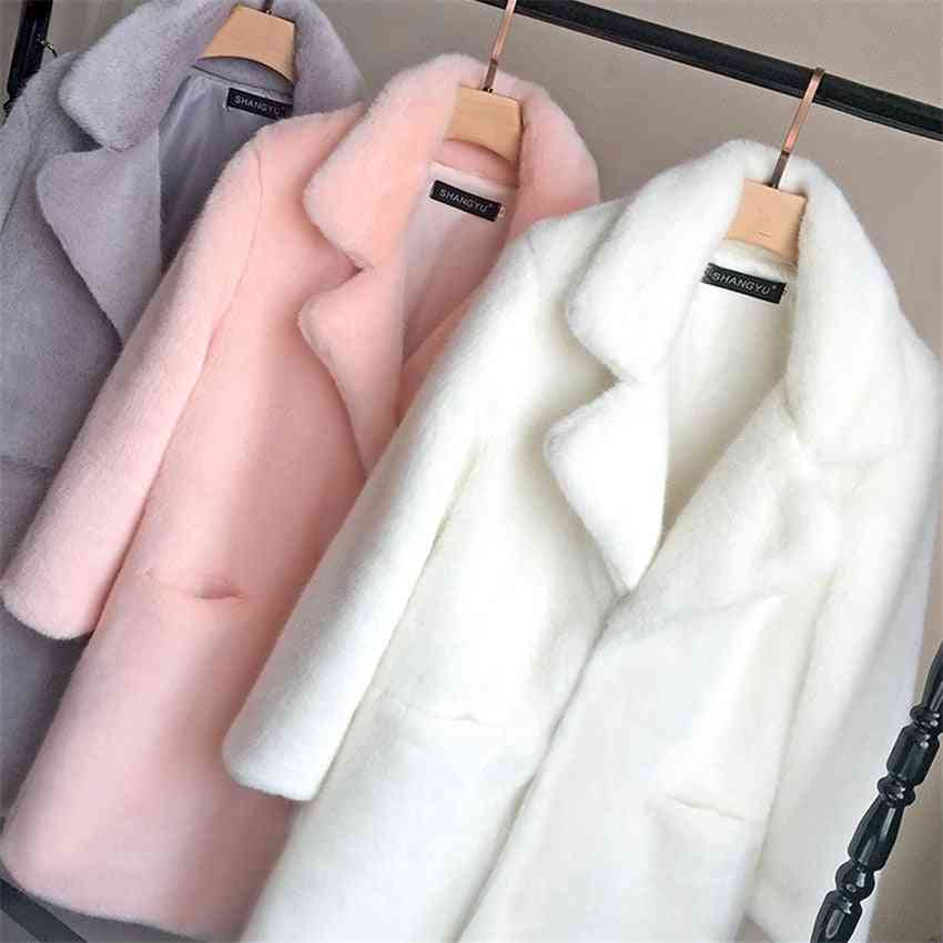 Naisten minkkifaux turkki takki kiinteä naispuolinen käännettävä kaulus talvinen lämmin takki