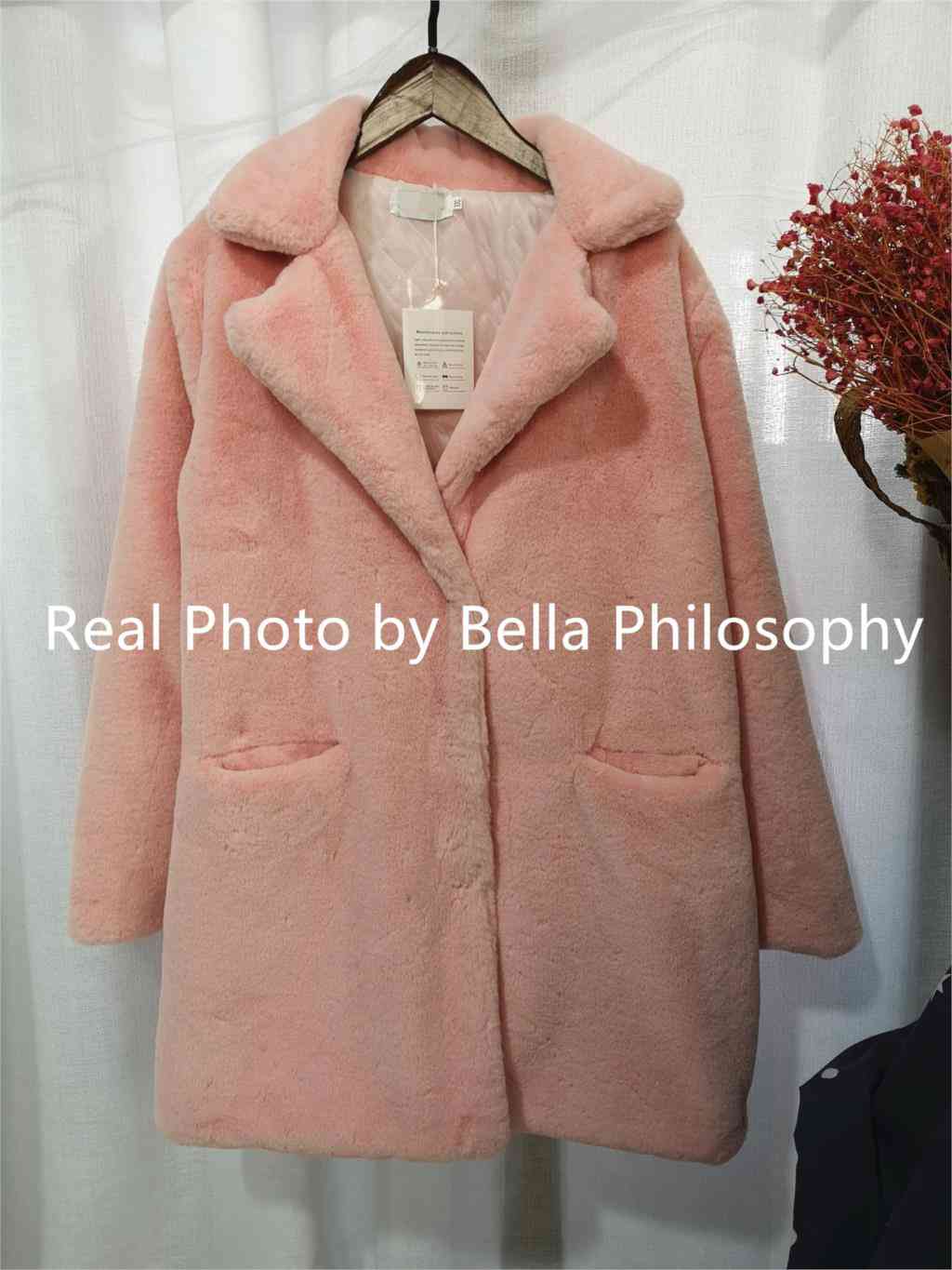 Abrigo de piel sintética de visón para mujer, chaqueta cálida de invierno con cuello vuelto sólido para mujer