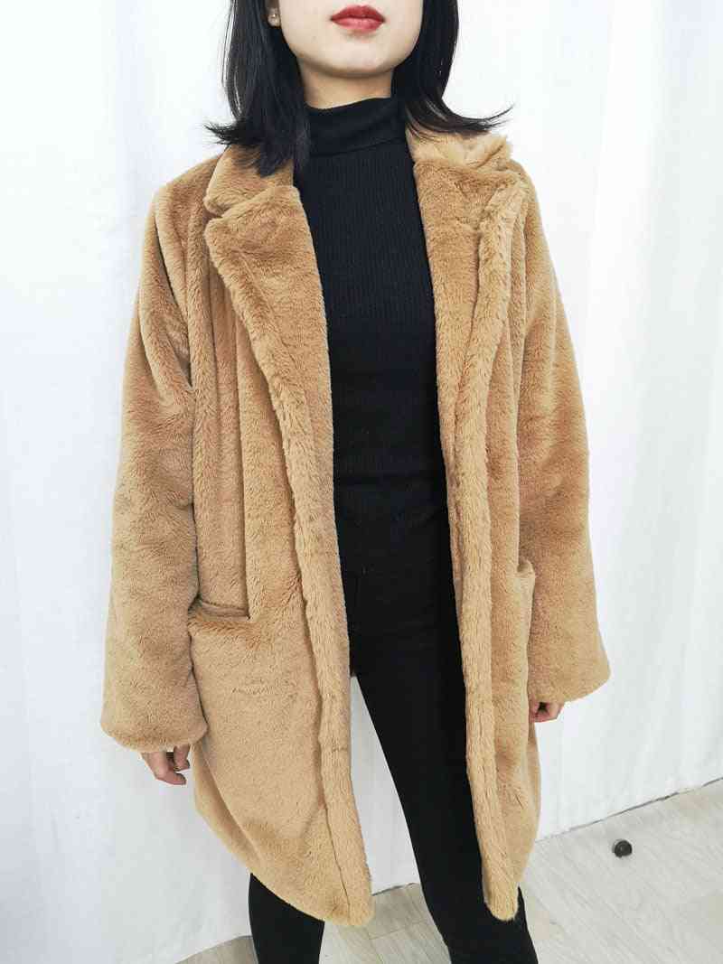 Abrigo de piel sintética de visón para mujer, chaqueta cálida de invierno con cuello vuelto sólido para mujer