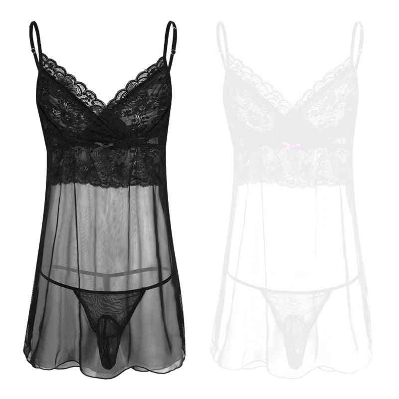 Heren lingerie mesh mini-jurk met g-string nachtkleding nachtkleding set