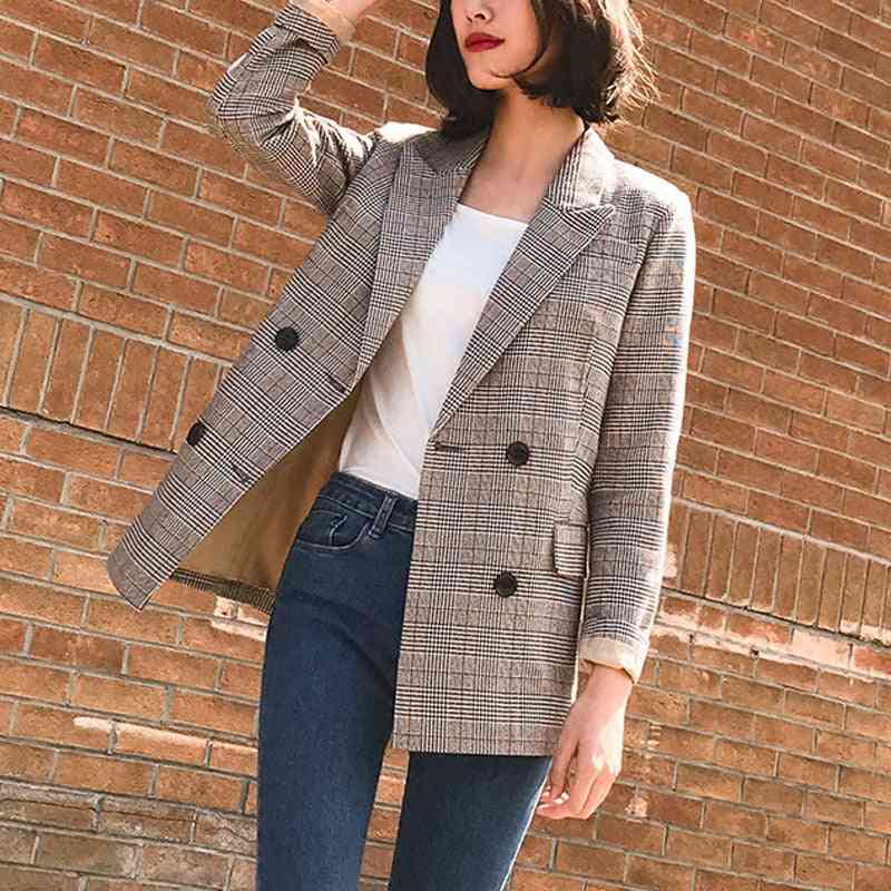 Jaquetas de blazer feminino xadrez duplo vintage com bolsos, casaco feminino de ternos retrô