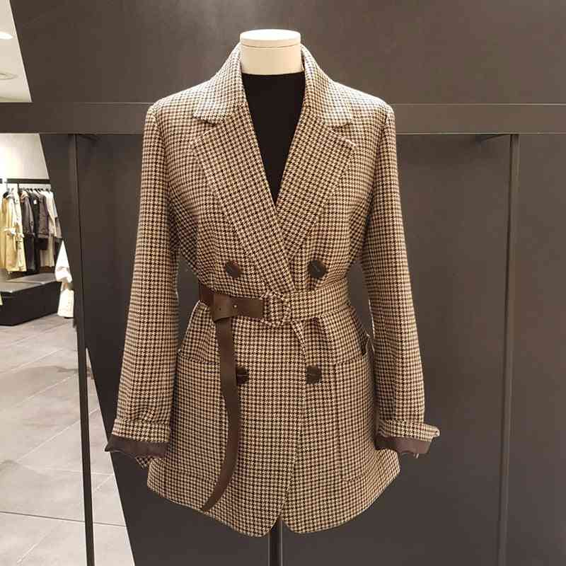 Plaid Women Work Blazer Jacket, Casual Double-breasted Sashes Suit