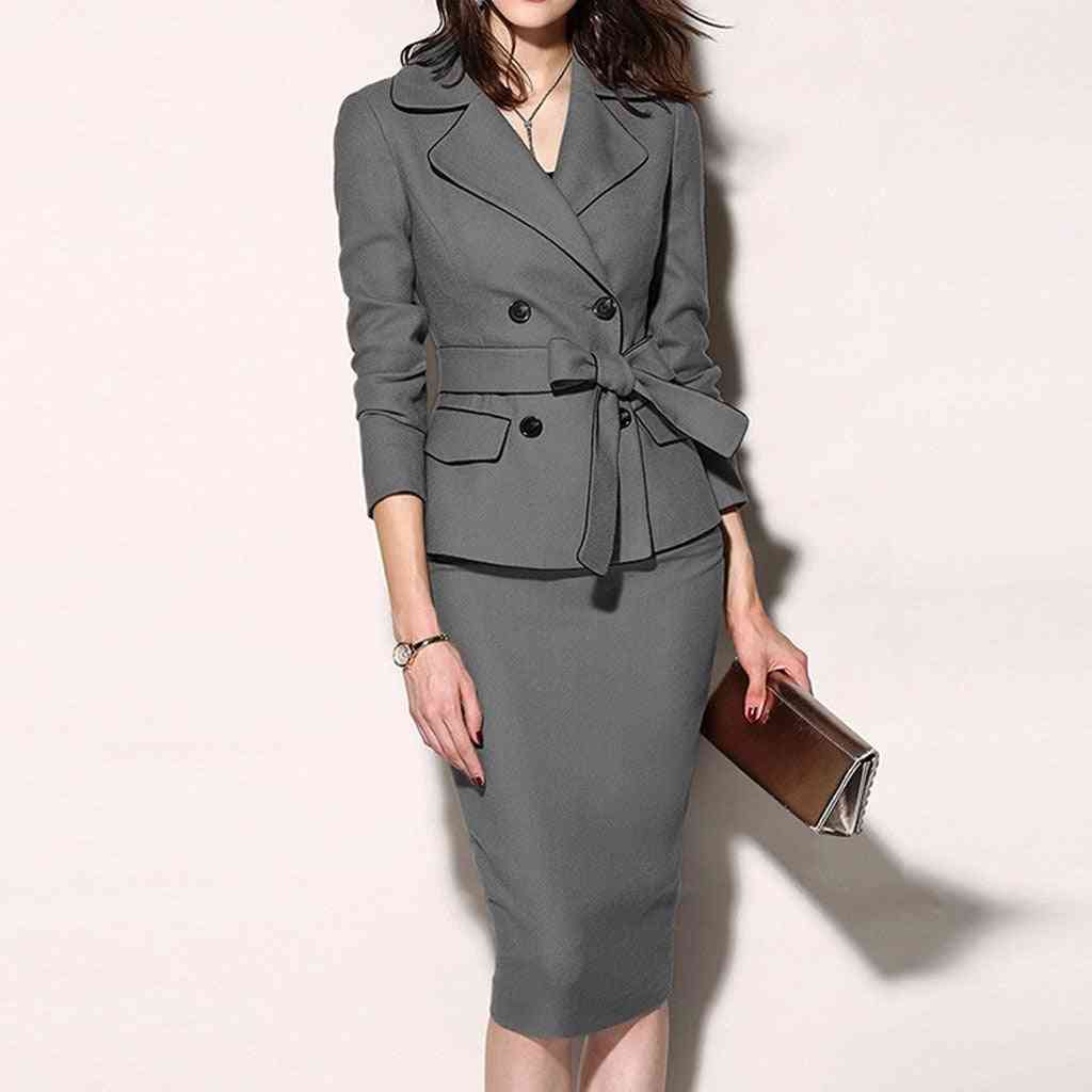 Women Casual Suit Blazer, Collar Button, Long Sleeve, Zipper Skirt