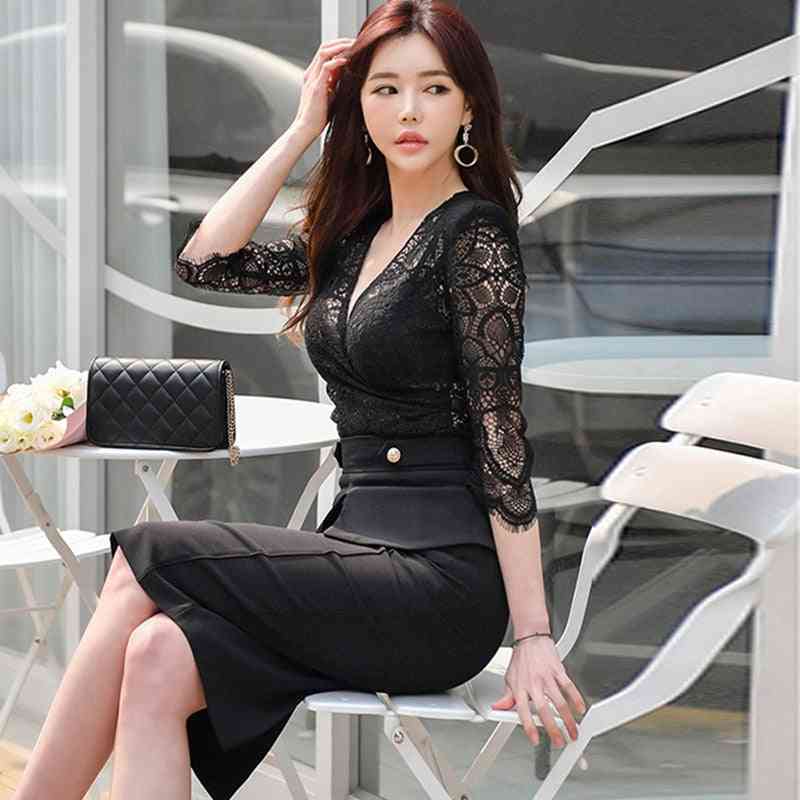 Women's V-neck Hollow Out, Lace Crop Top And Pencil Skirt Set