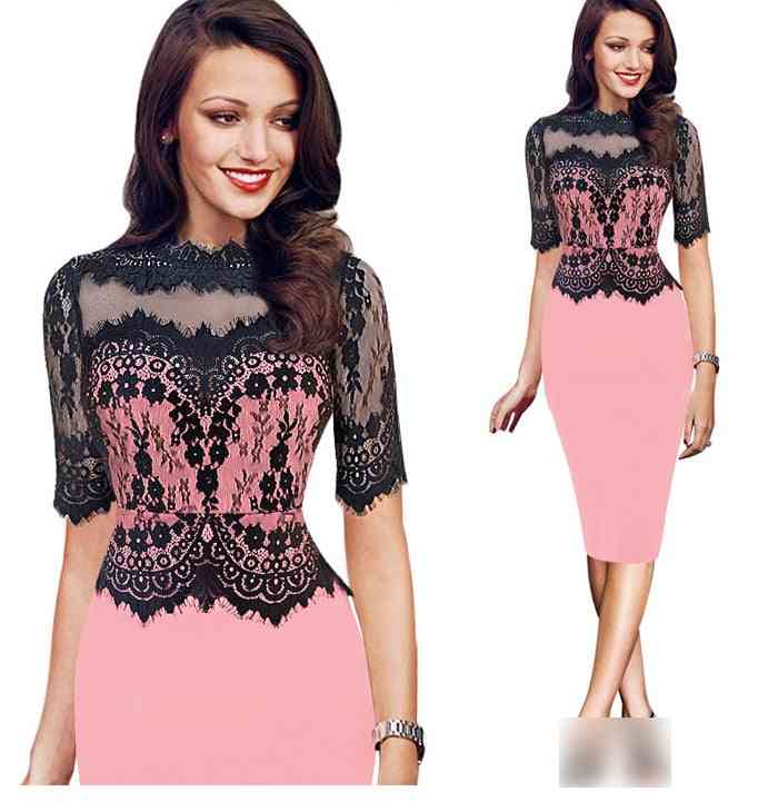 Women Vintage Short Lace Sleeve Casual Party Fitted Bodycon, One Piece Dress Suit