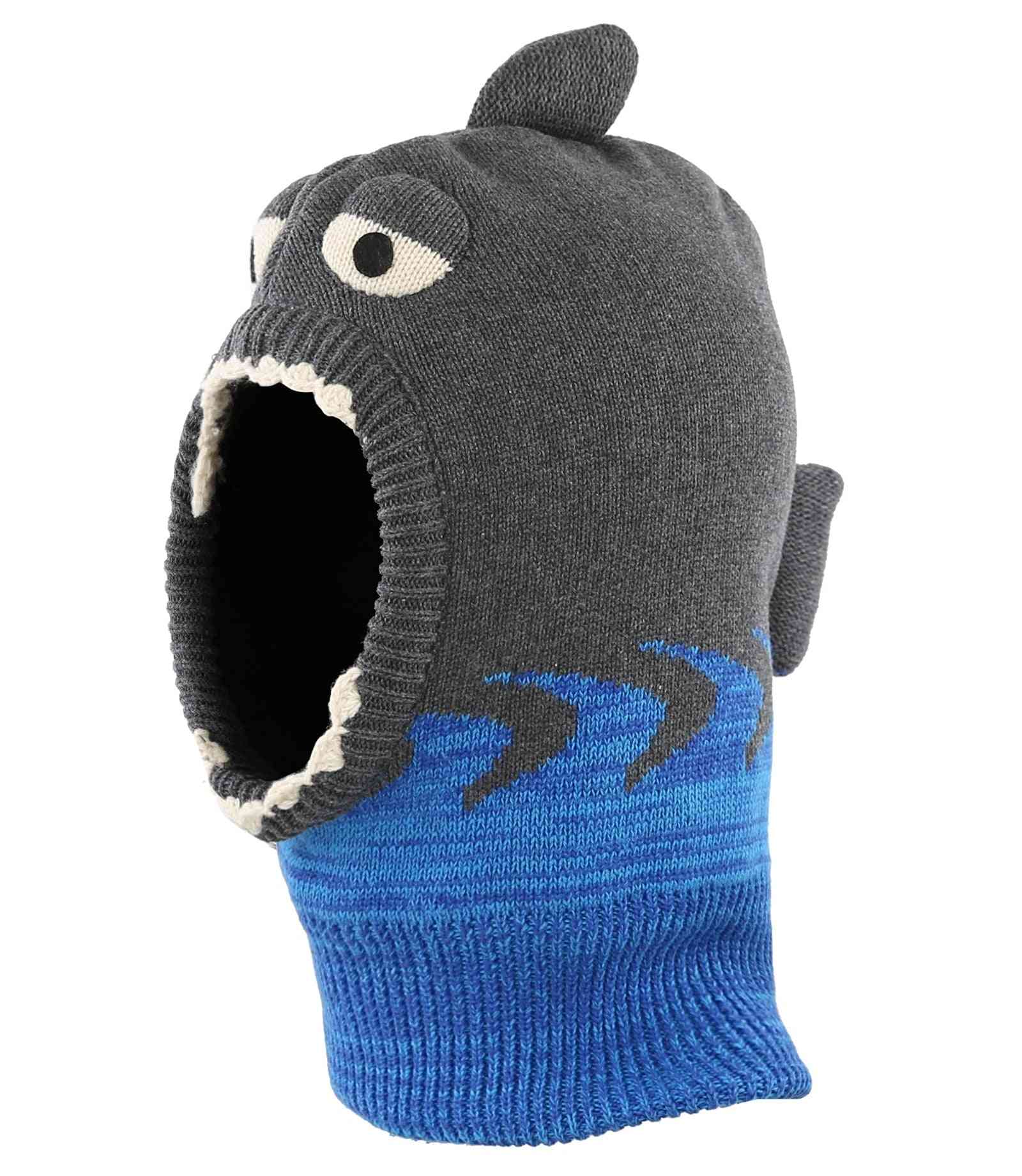 Toddler Infant Knit Winter Warm Hats, Cute Cartoon Shark Fleece Lined Hood Scarf