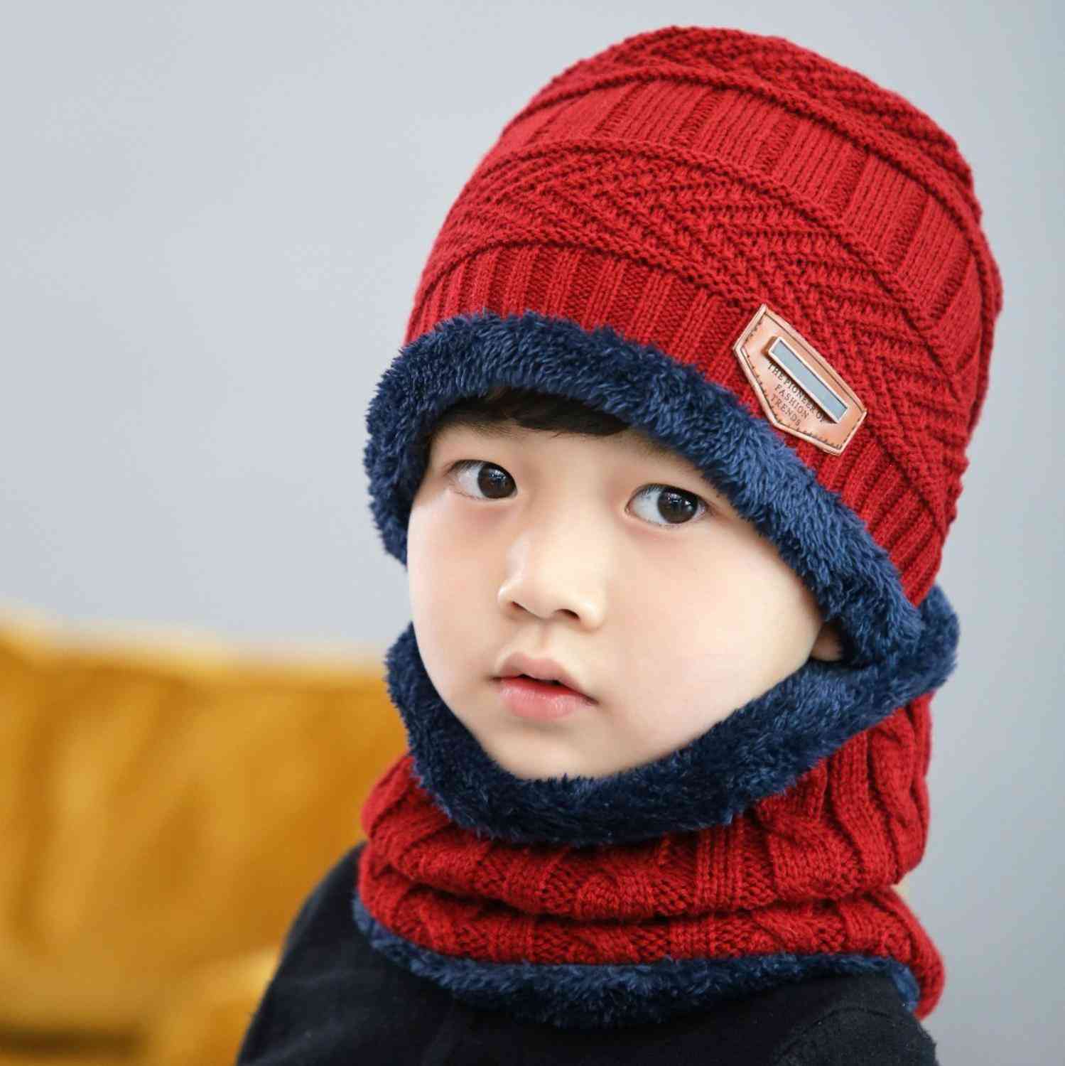 Chapéus infantis de malha de inverno, gorro, boné infantil, conjunto de cachecol