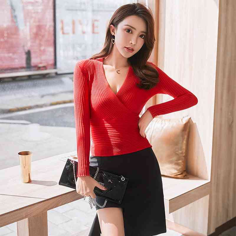 Deep V-neck Sweater, Women's Pullover Slim Bottoming Sweaters