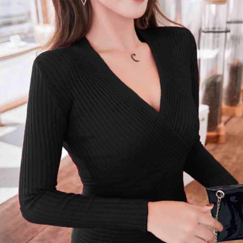 Deep V-neck Sweater, Women's Pullover Slim Bottoming Sweaters