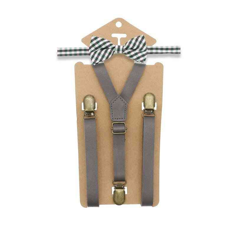 3 Clips Y-back Tan Leather Suspender And Ring Bearer Bow Tie Set