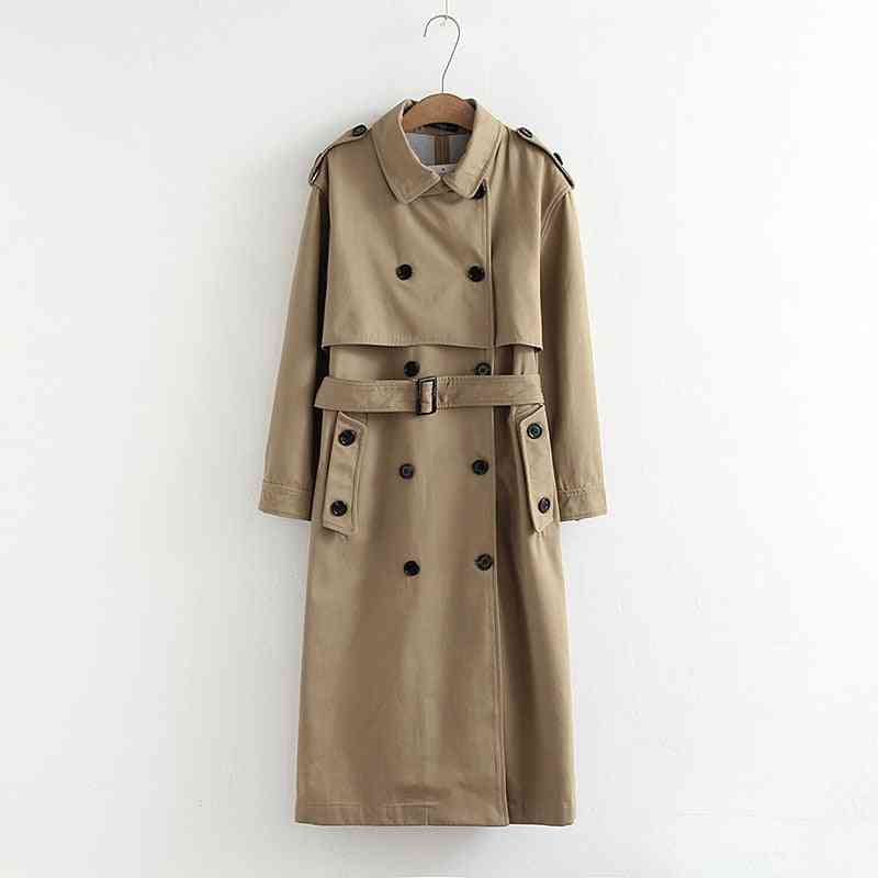 Women Casual Solid Color Double Breasted Outwear Sashes Long Coat