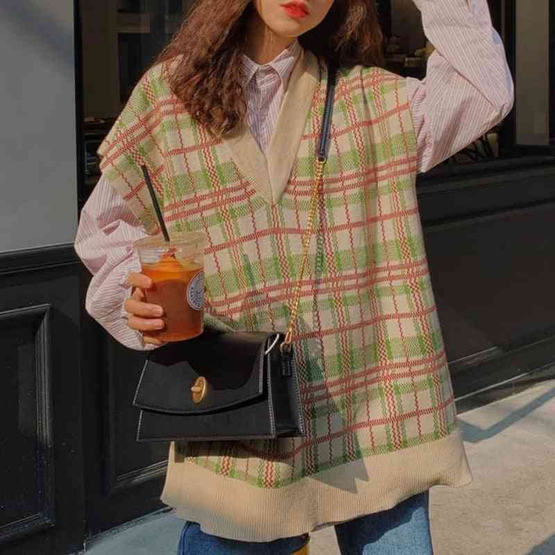 Style coréen - gilets amples à carreaux, vêtements d'extérieur sans manches, pull
