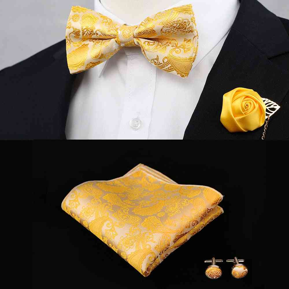 Men's Vintage Wedding Bow Ties, Silk Flower, Pocket Square Handkerchief Set