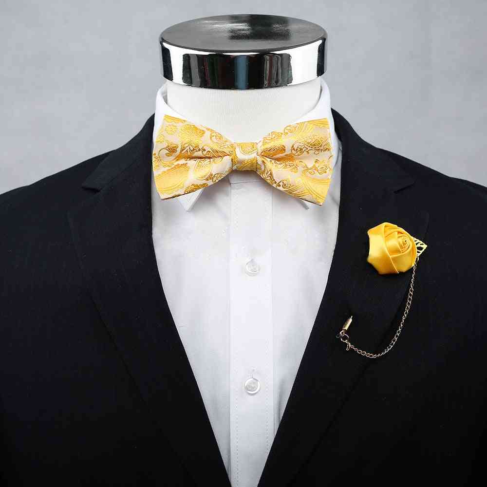 Men's Vintage Wedding Bow Ties, Silk Flower, Pocket Square Handkerchief Set