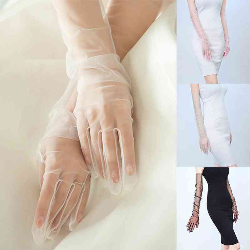 Long Sheer Tulle Gloves, Ultra Thin Mitten Bridal Elbow Glove