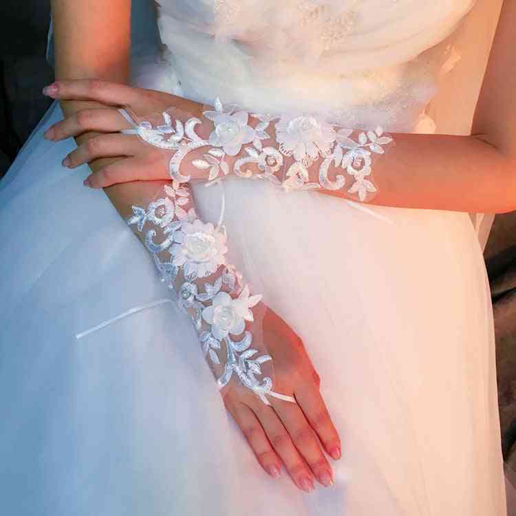 White Short Fingerless, Elegant Pearls, Evening Bridal, Wedding Gloves (white)