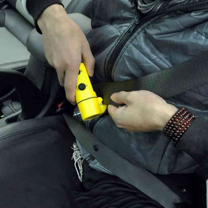 Seguridad en el automóvil: escape de martillo, interruptor de ventana de vidrio, cortador de cinturón de seguridad, luz de advertencia