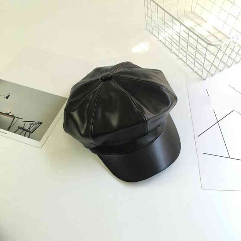 Pu lær vinter mote åttekantet casual vintage hatter newsboy cap for kvinner (svart)