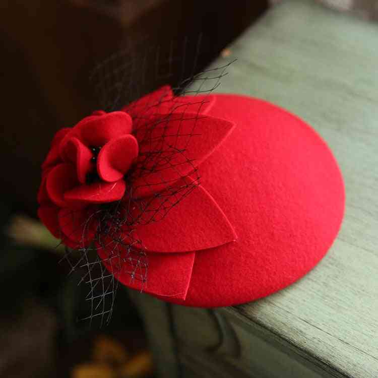 Fedora vintage de lã pura, touca de malha com flores, chapéu de caixa de comprimidos elegante