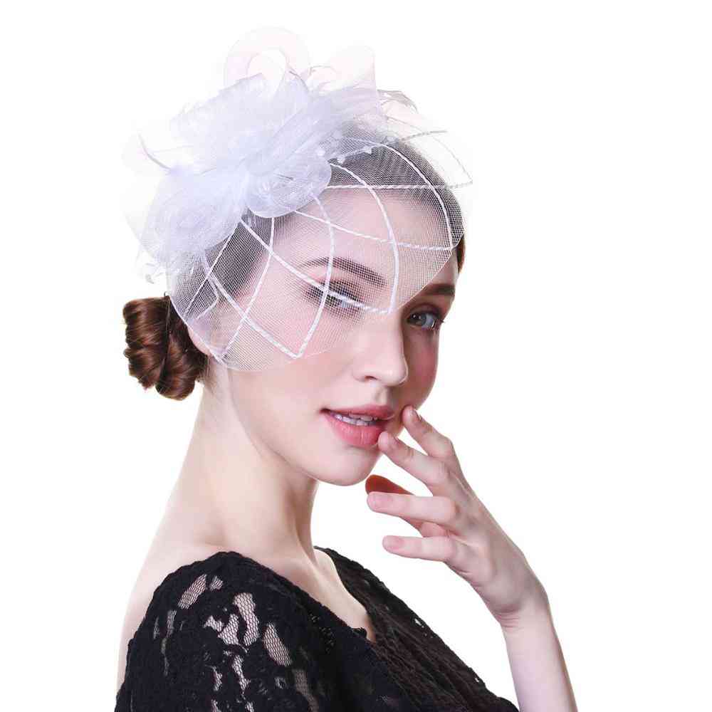 Flower Mesh Ribbons, Feathers Fedoras Hat - Party Headwear