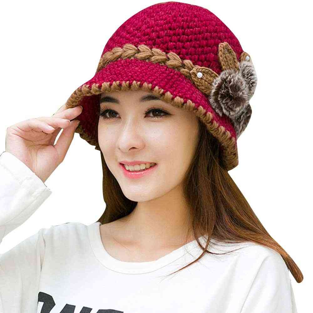 Hiver chaud décontracté belle laine au crochet fleurs tricotées décorées oreilles chapeaux