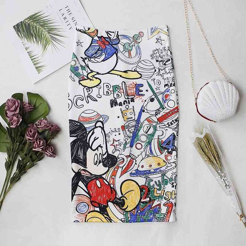 Mickey Mouse Women Cartoon Printed Wrapped Skirt, High-waist Slim-fit