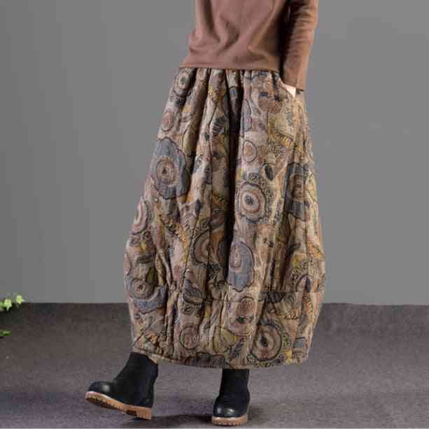 Retro Style, Printed Thicker Warm Skirts With Pocket