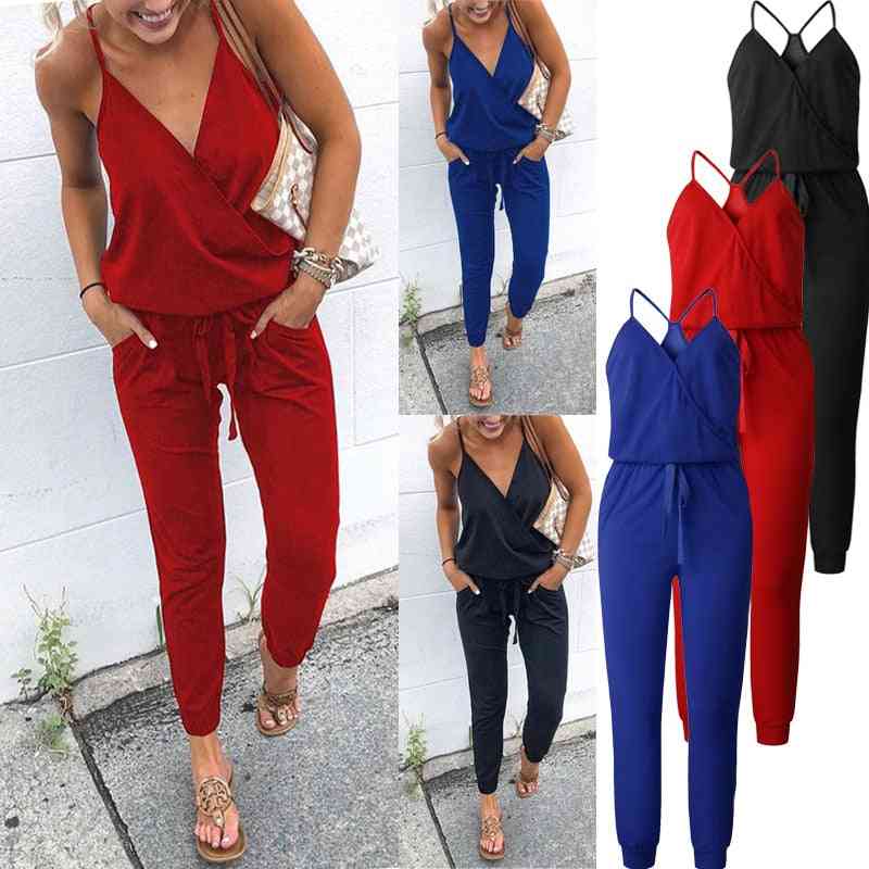 Casual- Cross Strap, Lace-up, V-neck Sleeveless, Jumpsuits