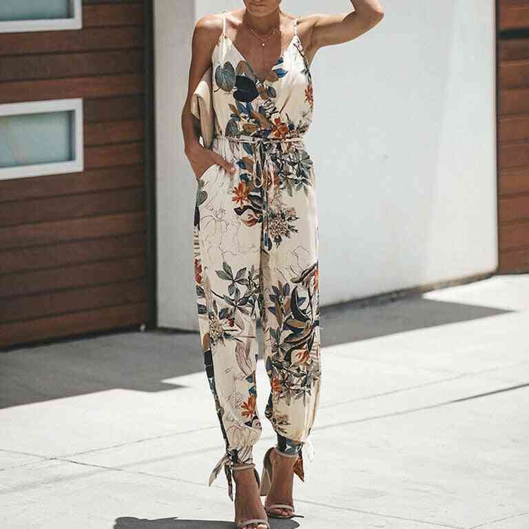 Boho Floral Pattern, Casual Sleeveless Jumpsuits For Women