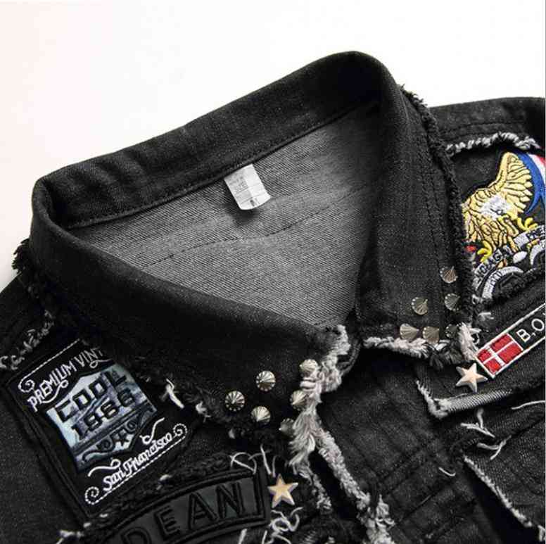 Mens Punk Denim Vest Embroidery Waistcoat, Slim Fit Jeans Sleeveless Jacket