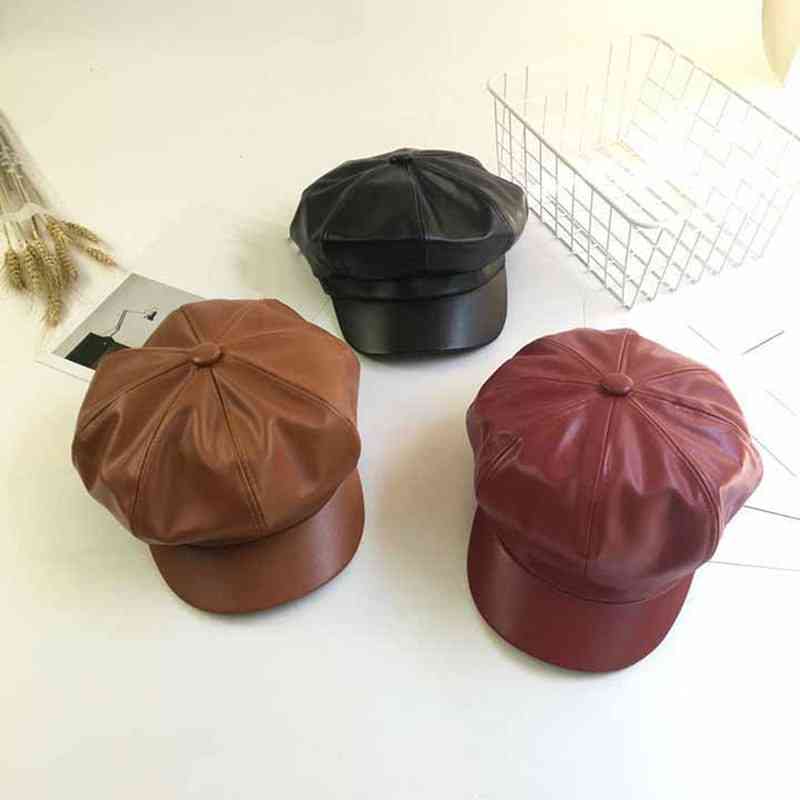 Nieuwe mode solide pu leer, achthoekige vintage hoeden/dames