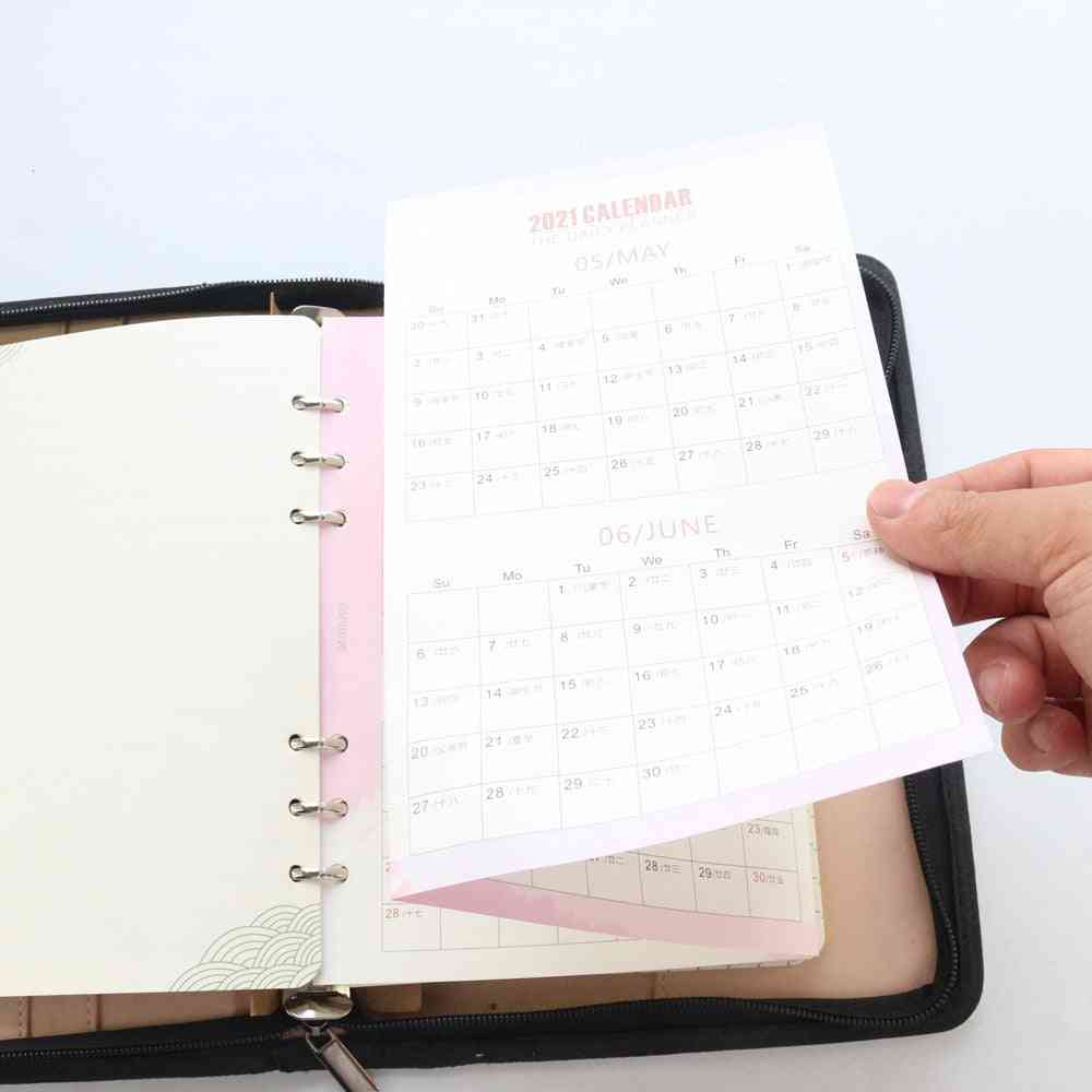6-huller genopfyldning, indvendige ark kalender, årlig planlægning, notesbøger til bindemiddel