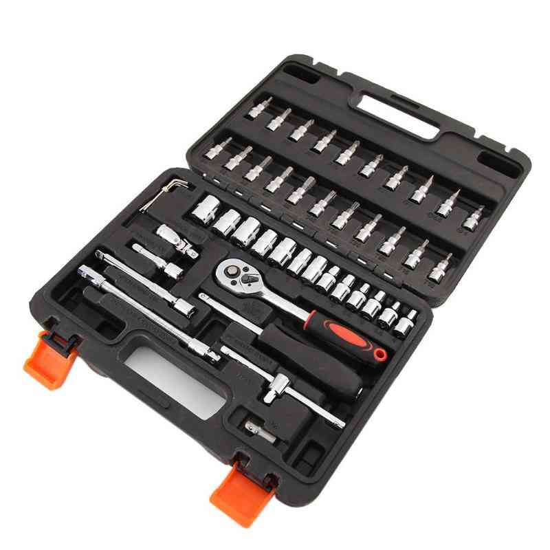 Combination Tool Set, Ratchet Wrench, Socket & Screwdriver Kit With Plastic Toolbox