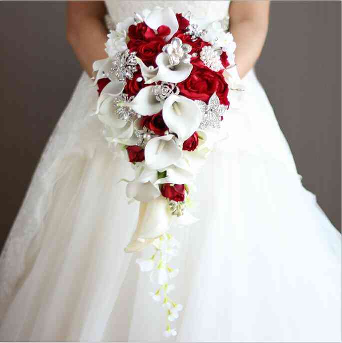 Waterfall Red Wedding Flowers, Bridal Bouquets, Artificial Pearls, Crystal Bouquet
