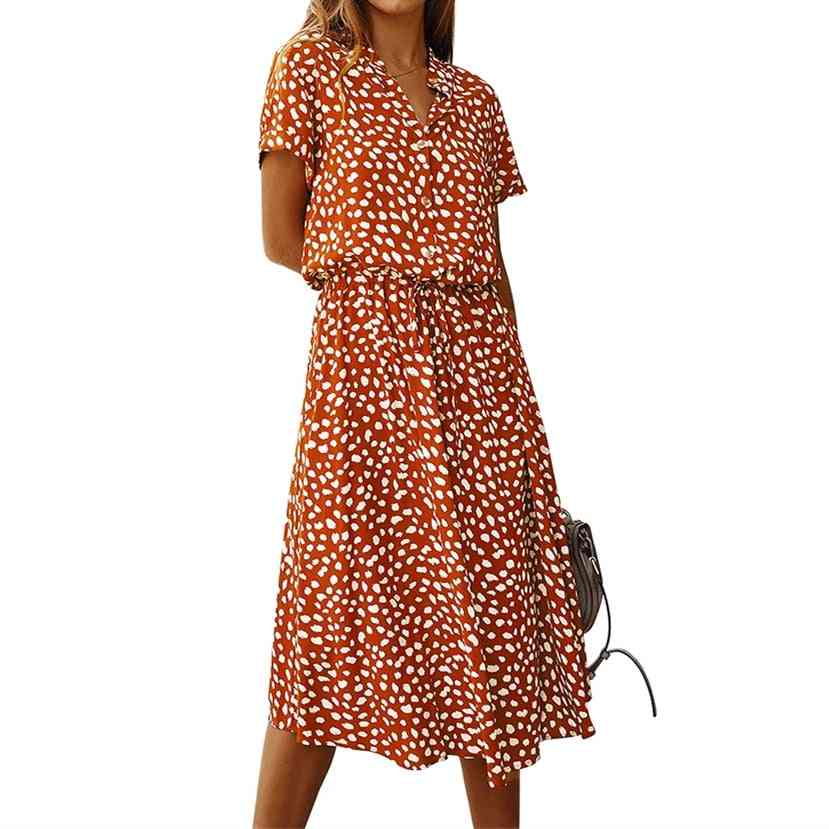 Leopard Print Shirt Women Midi Holiday Summer Dress