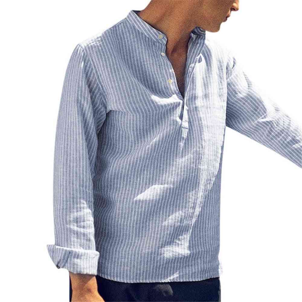 Spring, Summer, Casual Men's Shirt, Cotton Long Sleeve, Striped Slim Fit, Stand Collar Top
