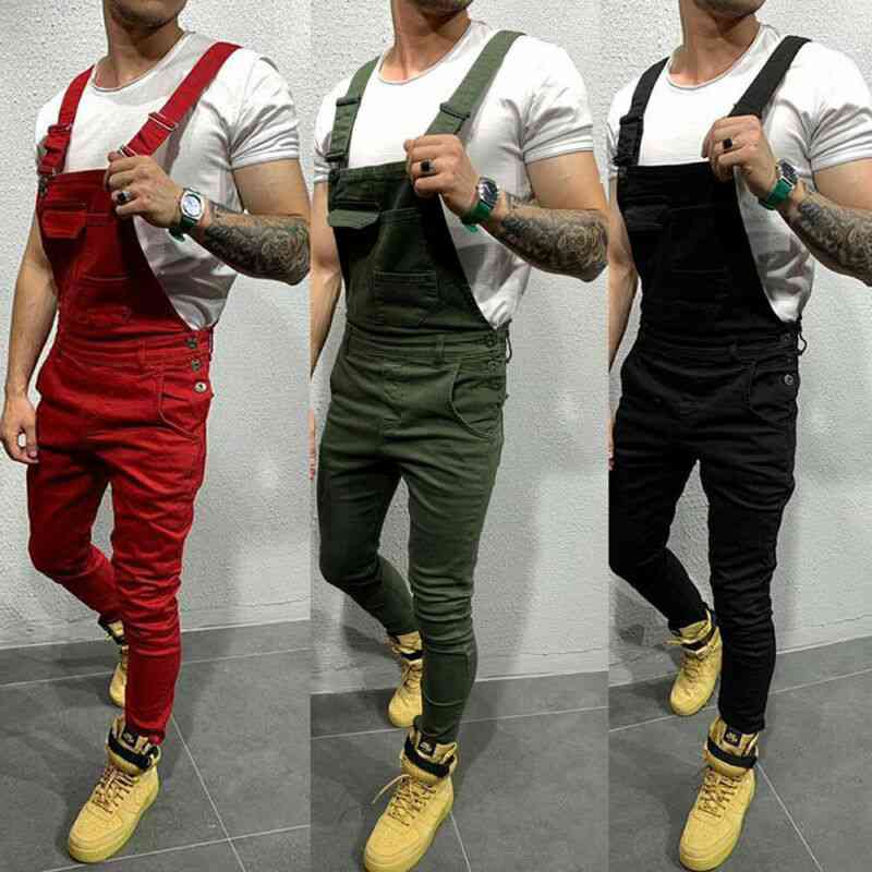 Men Denim Dungarees Jumpsuit, Ripped Jeans, Overalls Cargo Long Pants Trousers