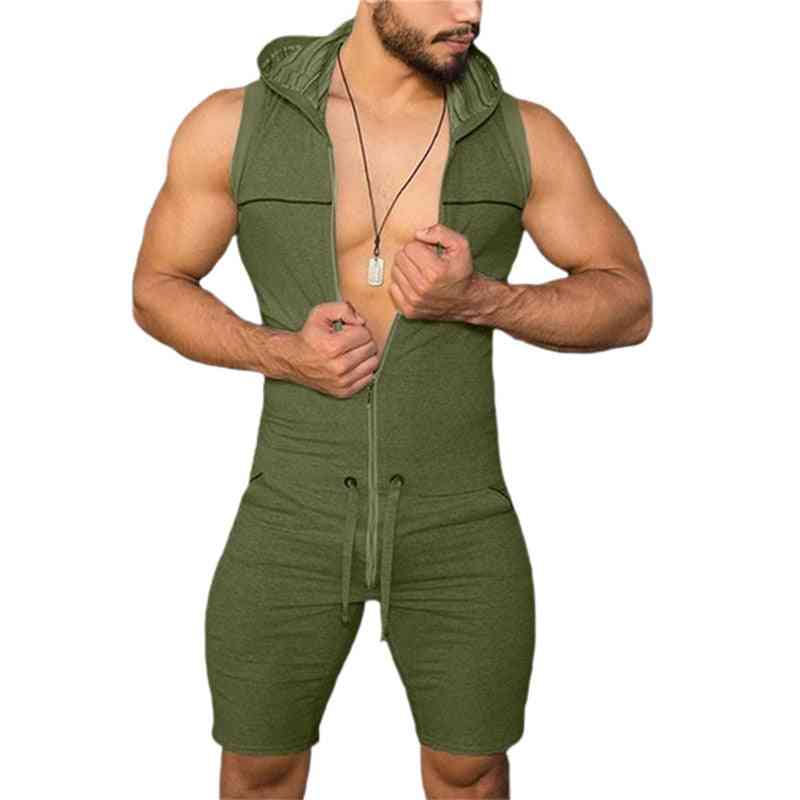 Herren-Overall, eng anliegender Fitness-Body ärmellose Kapuzen-Stramplerhose mit Taschen