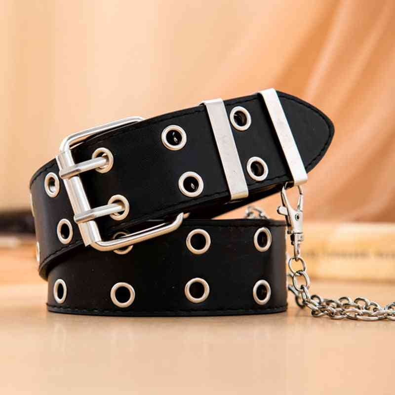 Double Hole Pin Buckle Waist Belt For Jeans, Chain Luxury Pu Leather Belts