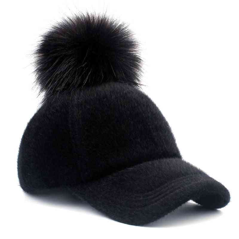 Baseball Winter Cap Faux Fur Pompom , Adjustable Casual Snapback Hat