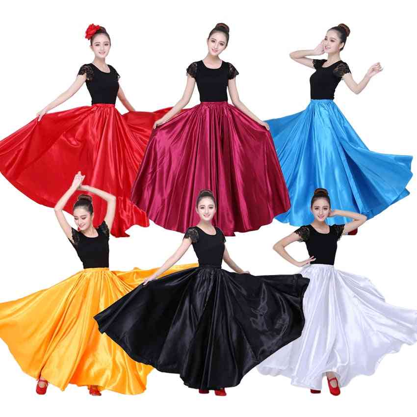 Vrouw satijn glad, flamenco buikdans kostuums rok, top