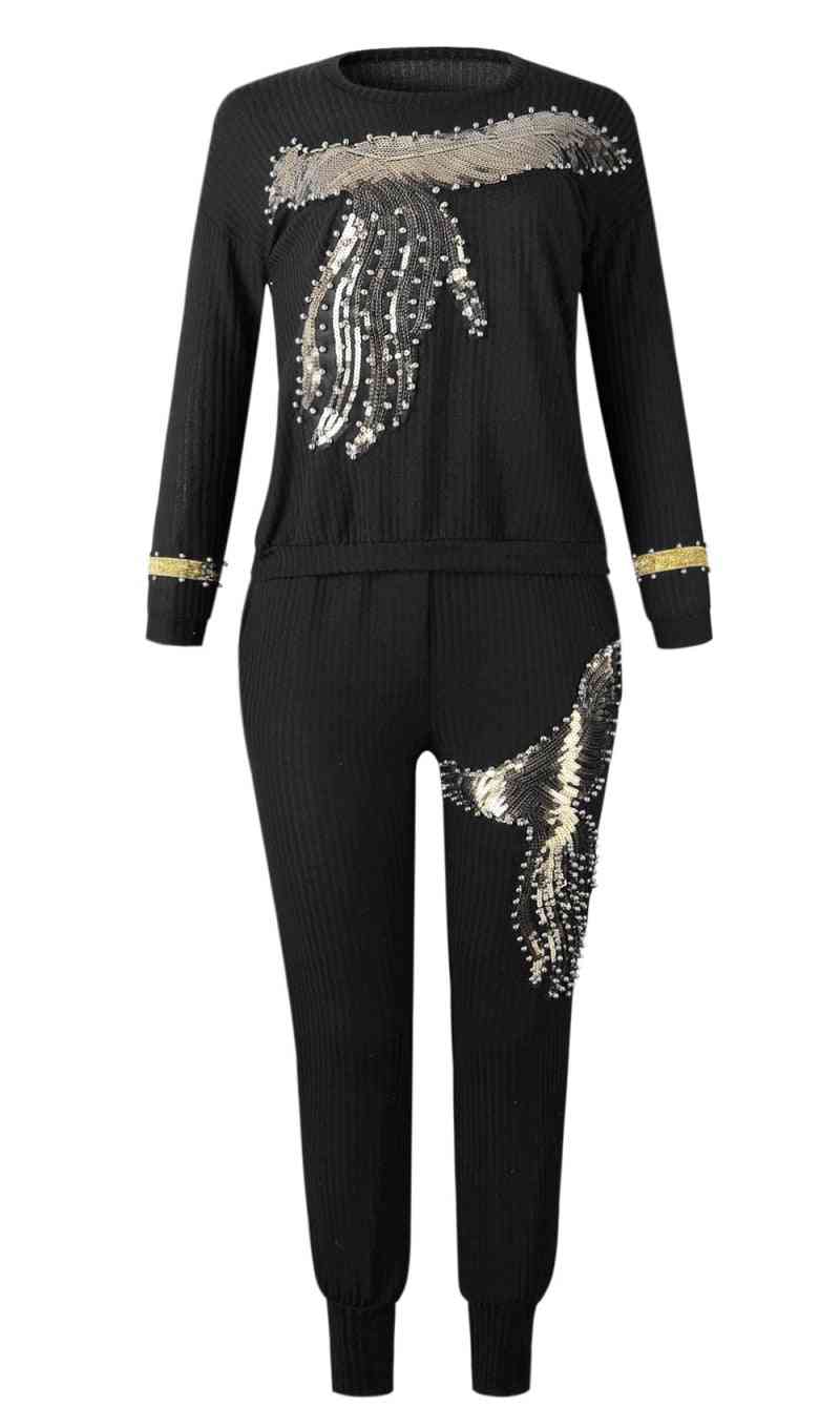 дамски костюм с широки панталони с дълги ръкави и пайети с еластичен базин